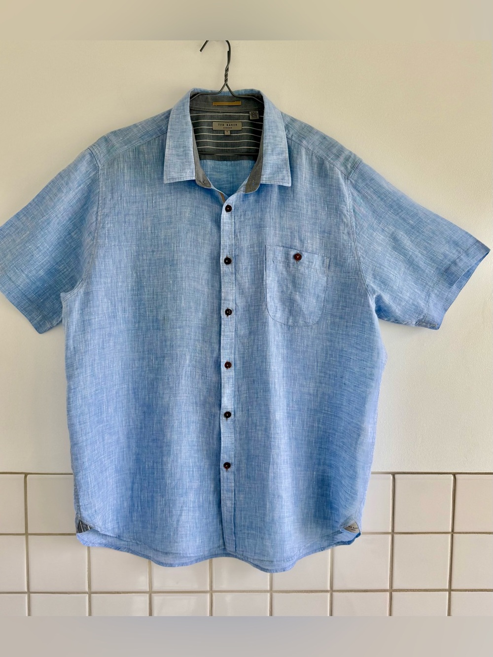 Ted Baker London Light Blue 100% Linen Short Sleeve Button-Down Shirt Sz: 7